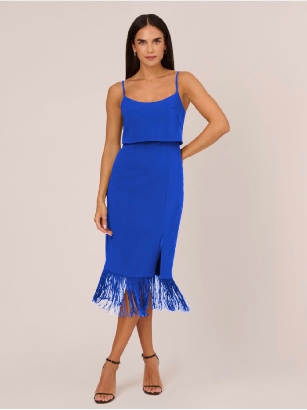 Aidan by Adrianna Papell Blue Midi Dress with Fringe Hem